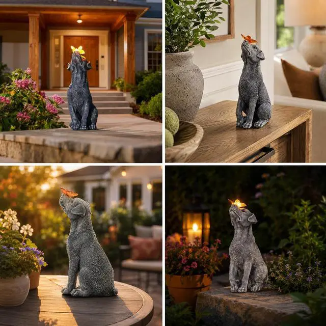 Alt view image 7 of 7 - Garden Statue Dog Figurine Decor with Solar Butterfly Outdoor Decoration | Ideal Gifts for Mom Dad or Birthdays,Memorial Yard Lawn Home Decor for Outside