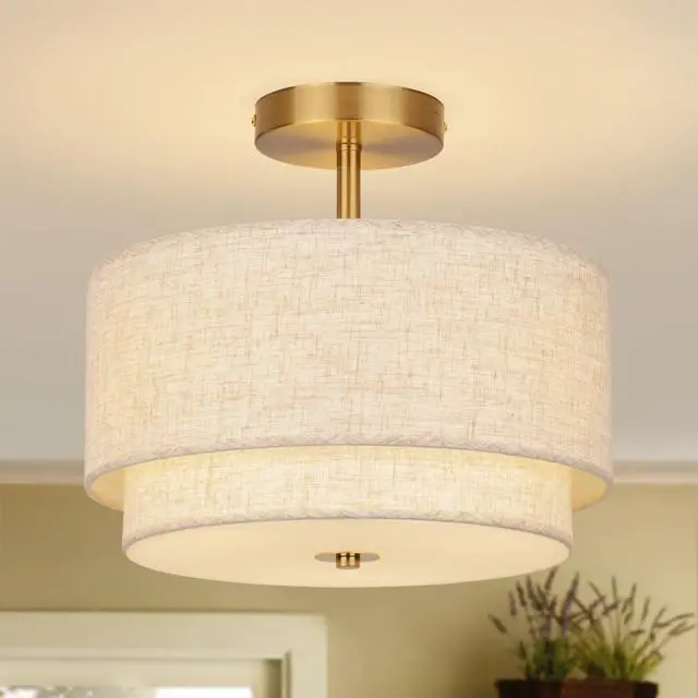 Main image of Semi Flush Mount Ceiling Light Fixture,12.6'' Gold Light Fixtures Ceiling Mount, Modern Close to Ceiling Light with 2-Layer Linen Shade,Farmhouse Drum Ceiling Light for Bedroom Hallway Living Room