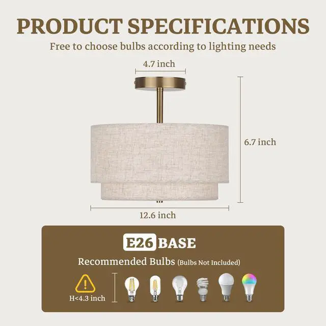 Alt view image 2 of 7 - Semi Flush Mount Ceiling Light Fixture,12.6'' Gold Light Fixtures Ceiling Mount, Modern Close to Ceiling Light with 2-Layer Linen Shade,Farmhouse Drum Ceiling Light for Bedroom Hallway Living Room