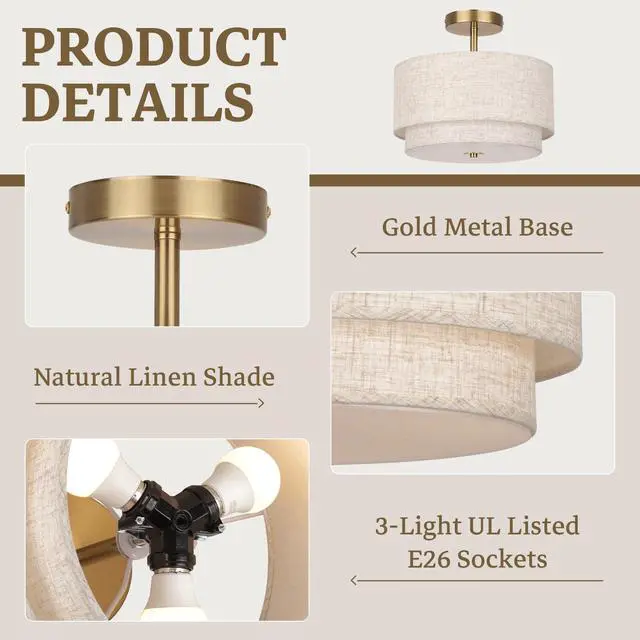 Alt view image 3 of 7 - Semi Flush Mount Ceiling Light Fixture,12.6'' Gold Light Fixtures Ceiling Mount, Modern Close to Ceiling Light with 2-Layer Linen Shade,Farmhouse Drum Ceiling Light for Bedroom Hallway Living Room