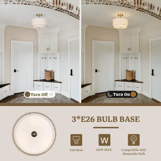 Alt view image 4 of 7 - Semi Flush Mount Ceiling Light Fixture,12.6'' Gold Light Fixtures Ceiling Mount, Modern Close to Ceiling Light with 2-Layer Linen Shade,Farmhouse Drum Ceiling Light for Bedroom Hallway Living Room