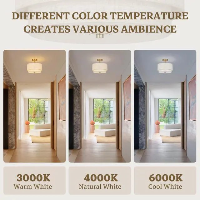Alt view image 5 of 7 - Semi Flush Mount Ceiling Light Fixture,12.6'' Gold Light Fixtures Ceiling Mount, Modern Close to Ceiling Light with 2-Layer Linen Shade,Farmhouse Drum Ceiling Light for Bedroom Hallway Living Room