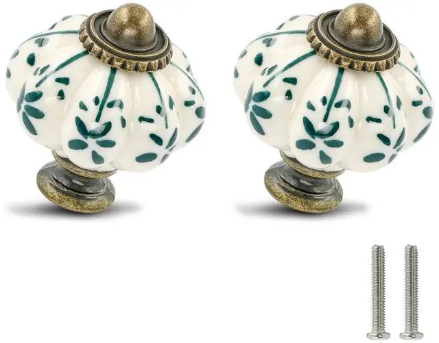 Main image of Ivory & Green Pumpkin Knobs 12 Pack Ceramic Cabinet Knobs Vintage Drawer Pulls - Antique Dresser Pulls with Screws - Green Flower