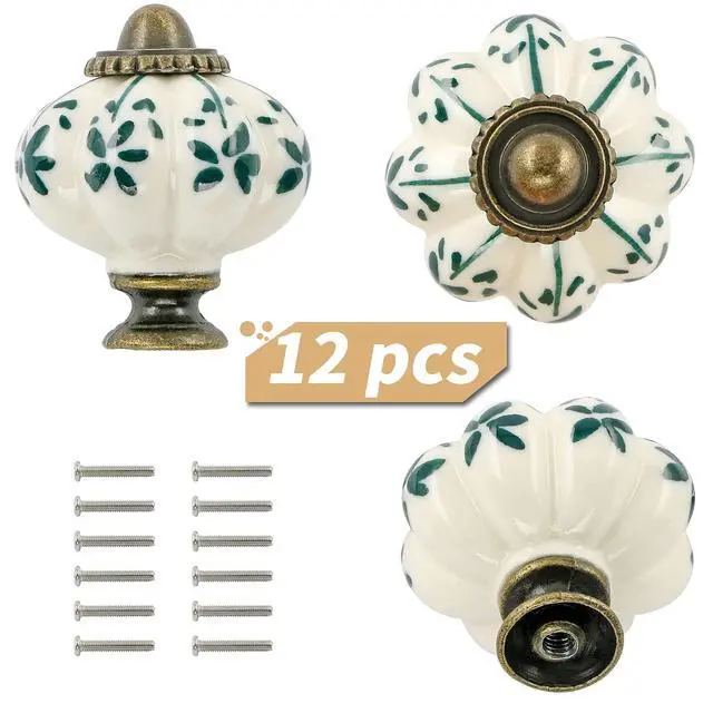 Alt view image 2 of 7 - Ivory & Green Pumpkin Knobs 12 Pack Ceramic Cabinet Knobs Vintage Drawer Pulls - Antique Dresser Pulls with Screws - Green Flower