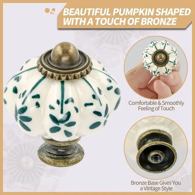 Alt view image 3 of 7 - Ivory & Green Pumpkin Knobs 12 Pack Ceramic Cabinet Knobs Vintage Drawer Pulls - Antique Dresser Pulls with Screws - Green Flower
