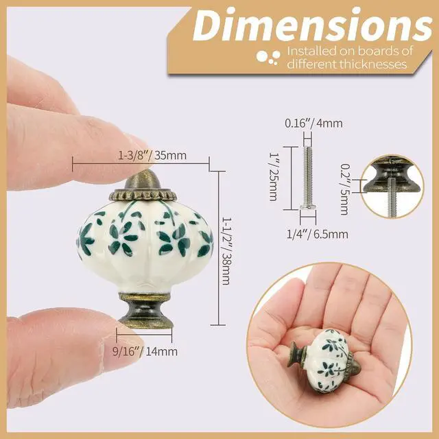 Alt view image 4 of 7 - Ivory & Green Pumpkin Knobs 12 Pack Ceramic Cabinet Knobs Vintage Drawer Pulls - Antique Dresser Pulls with Screws - Green Flower