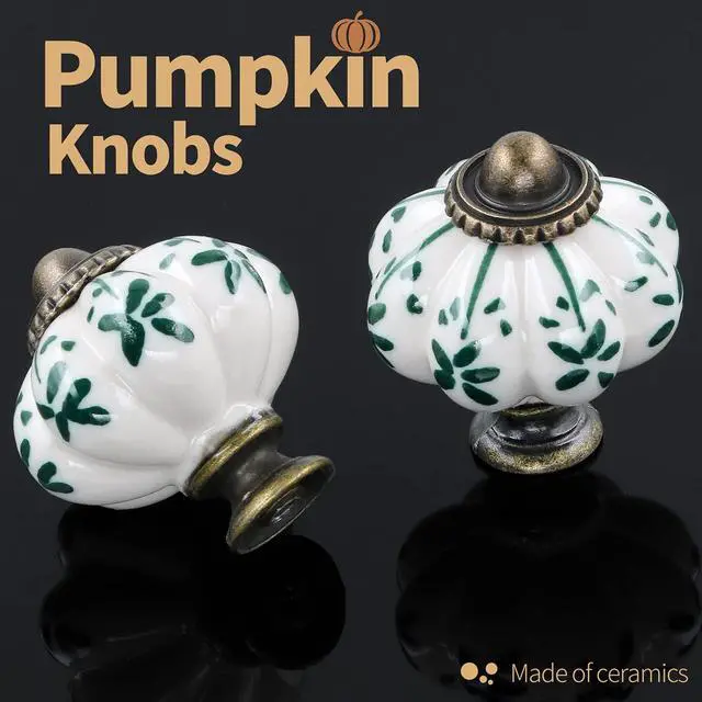 Alt view image 5 of 7 - Ivory & Green Pumpkin Knobs 12 Pack Ceramic Cabinet Knobs Vintage Drawer Pulls - Antique Dresser Pulls with Screws - Green Flower
