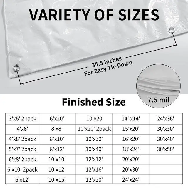 Alt view image 5 of 7 - White Tarps 4x6Ft 7.5mil Multipurpose Waterproof Poly Tarp | Medium Duty All Purpose Poly Tarps Cover Waterproof,Snow Proof UV Protection,Rip and Tear Proof,Poly Tarpaulin