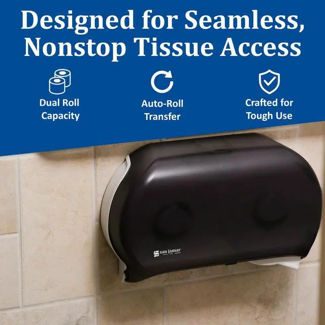 Alt view image 6 of 7 - Classic Bath Tissue Dispenser Twin 9", Jumbo Bath Tissue Holder for Bathroom, Dual-Roll System, Break-Resistant Plastic, 3.25" Core, 12" × 19" × 5.25", Pearl Black