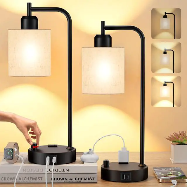 Main image of Industrial Table Lamps with Linen Shade, Set of 2 Fully Dimmable Bedside Lamps with USB A+C Ports and Outlet, Black Nightstand Desk Lamps for Bedrooms Living Room Office, 2 LED Bulbs Included