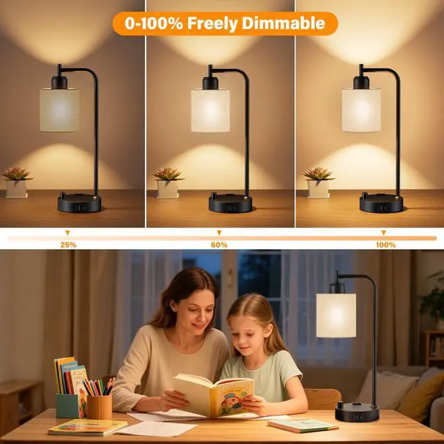 Alt view image 2 of 7 - Industrial Table Lamps with Linen Shade, Set of 2 Fully Dimmable Bedside Lamps with USB A+C Ports and Outlet, Black Nightstand Desk Lamps for Bedrooms Living Room Office, 2 LED Bulbs Included
