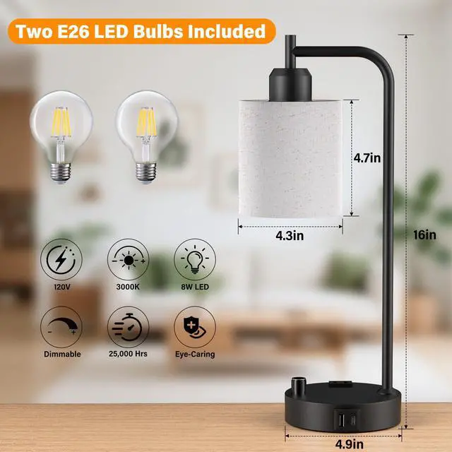 Alt view image 3 of 7 - Industrial Table Lamps with Linen Shade, Set of 2 Fully Dimmable Bedside Lamps with USB A+C Ports and Outlet, Black Nightstand Desk Lamps for Bedrooms Living Room Office, 2 LED Bulbs Included