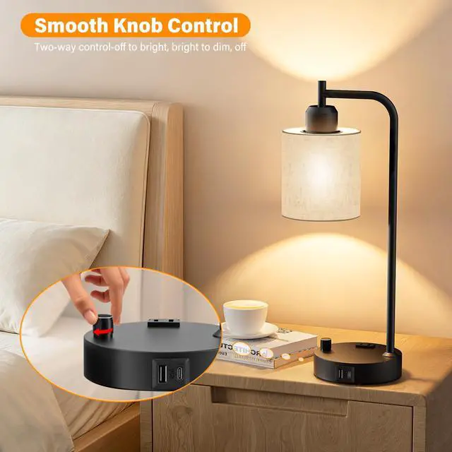 Alt view image 4 of 7 - Industrial Table Lamps with Linen Shade, Set of 2 Fully Dimmable Bedside Lamps with USB A+C Ports and Outlet, Black Nightstand Desk Lamps for Bedrooms Living Room Office, 2 LED Bulbs Included