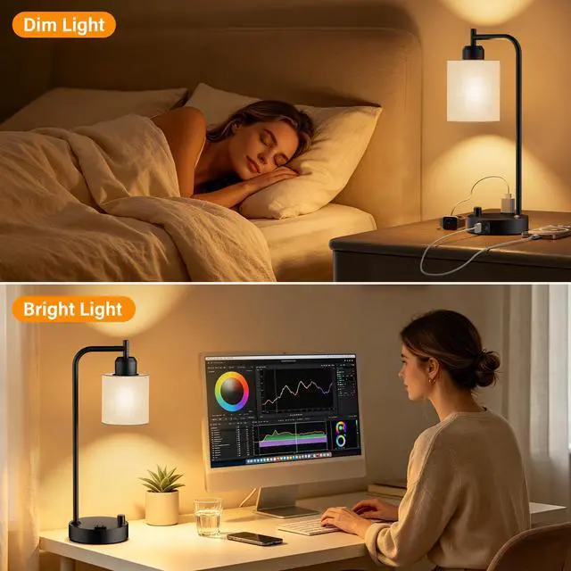 Alt view image 7 of 7 - Industrial Table Lamps with Linen Shade, Set of 2 Fully Dimmable Bedside Lamps with USB A+C Ports and Outlet, Black Nightstand Desk Lamps for Bedrooms Living Room Office, 2 LED Bulbs Included