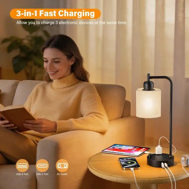 Alt view image 5 of 7 - Industrial Table Lamps with Linen Shade, Set of 2 Fully Dimmable Bedside Lamps with USB A+C Ports and Outlet, Black Nightstand Desk Lamps for Bedrooms Living Room Office, 2 LED Bulbs Included