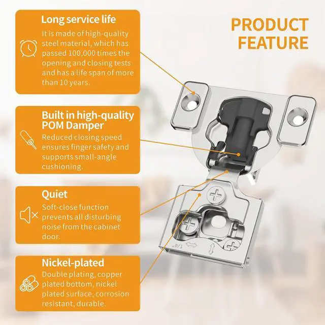Alt view image 5 of 7 - 10 Pack 1/4" Small Overlay 4D Concealed Hinges for Face Frame Door, Soft Close On/Off Switch, Self Closing, 105° Open Angle Concealed Stainless Steel Hinges for Framed Cabinet, Satin Nickel