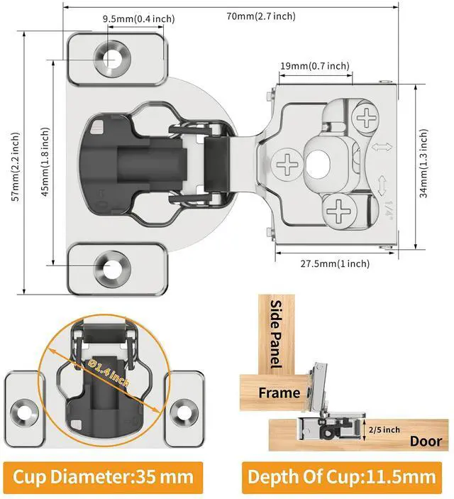 Alt view image 7 of 7 - 10 Pack 1/4" Small Overlay 4D Concealed Hinges for Face Frame Door, Soft Close On/Off Switch, Self Closing, 105° Open Angle Concealed Stainless Steel Hinges for Framed Cabinet, Satin Nickel