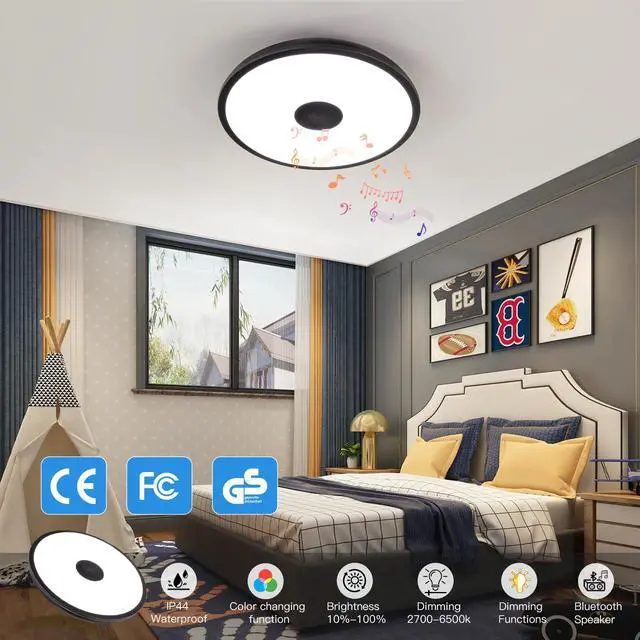 Alt view image 3 of 6 - Black Waterproof LED Flush Mount Ceiling Light Fixture,with Bluetooth Speaker,11 Inch,18 watt,Dimmable Music Lamp,RGB Color Changing Light with Remote Control,for Bathroom,Shower,Bedroom