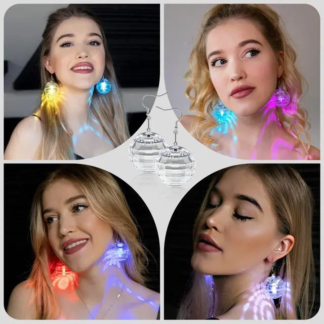 Alt view image 4 of 6 - Disco Ball Earrings 16 Light Modes Rechargeable Light up Earrings LED Earrings Ball for Women Disco Party Dance Accessories
