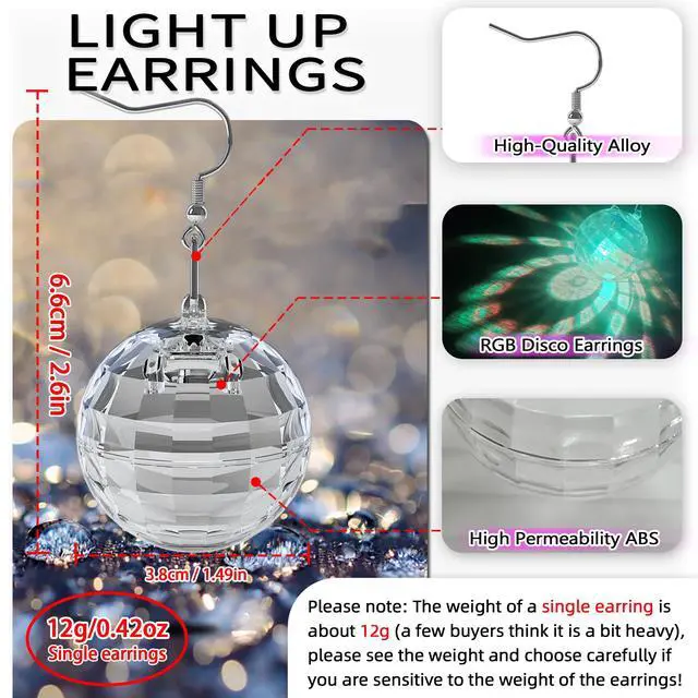 Alt view image 6 of 6 - Disco Ball Earrings 16 Light Modes Rechargeable Light up Earrings LED Earrings Ball for Women Disco Party Dance Accessories