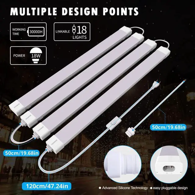 Alt view image 3 of 6 - LED Tube Light Fixture with Plug, 18W 2000LM 5000K Plug in Light. | Plug-and-Play Linkable Ceiling Light. Under Cabinet Light,Workbench Lamp for Garage, Kitchen, Bathroom, Closet & Office