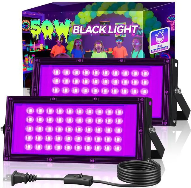 Main image of 2 Pack 50W LED Black Light, Waterproof Blacklight for Glow Party, Halloween | for Neon Parties, Fluorescent Poster Tapestry, Birthday, Classroom, Bedroom, with Switch&Plug, Outdoor, IP66