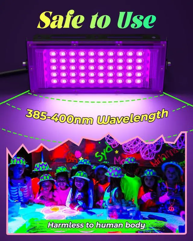 Alt view image 2 of 7 - 2 Pack 50W LED Black Light, Waterproof Blacklight for Glow Party, Halloween | for Neon Parties, Fluorescent Poster Tapestry, Birthday, Classroom, Bedroom, with Switch&Plug, Outdoor, IP66