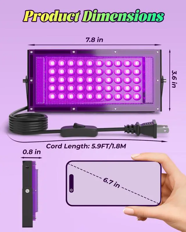 Alt view image 5 of 7 - 2 Pack 50W LED Black Light, Waterproof Blacklight for Glow Party, Halloween | for Neon Parties, Fluorescent Poster Tapestry, Birthday, Classroom, Bedroom, with Switch&Plug, Outdoor, IP66