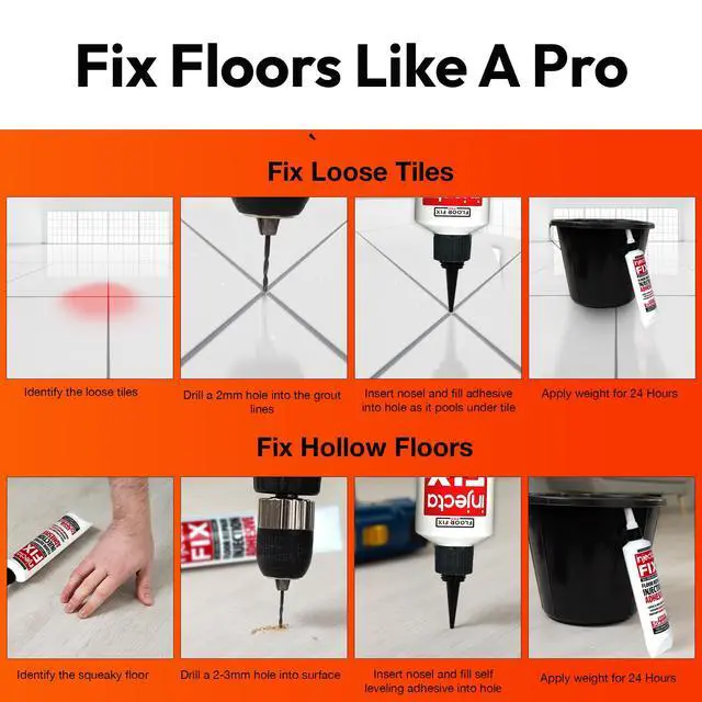 Alt view image 4 of 7 - Floor-Fix Pro - All in One Repair Kit for Loose/Hollow & Tiles Repair + Squeaky Wood, LVT & Laminate. Includes Anti- Clog Air-Tight Cap. Does NOT Require Caulk Gun