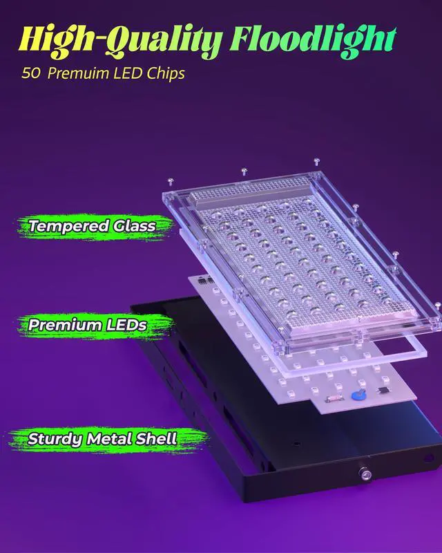 Alt view image 7 of 7 - 2 Pack 50W LED Black Light, Waterproof Blacklight for Glow Party, Halloween | for Neon Parties, Fluorescent Poster Tapestry, Birthday, Classroom, Bedroom, with Switch&Plug, Outdoor, IP66