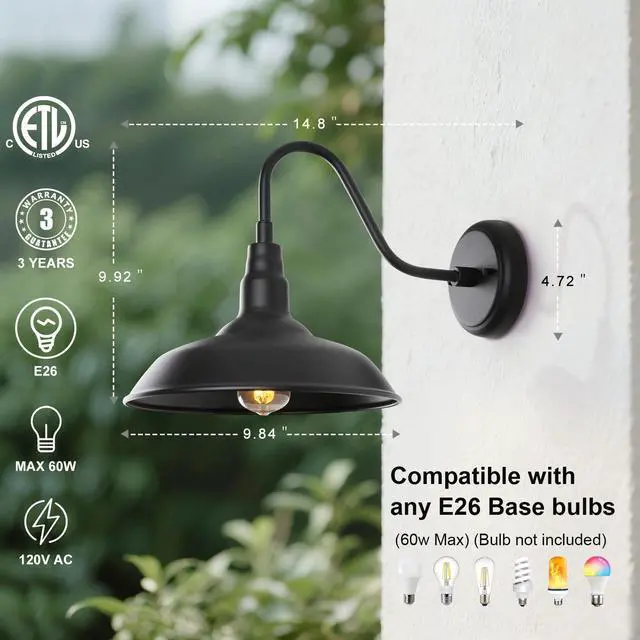 Alt view image 4 of 7 - Black Gooseneck Barn Light for Farmhouse 10 Inch Dome Exterior Lights Fixture with Wall Mount, Outdoor Wall Sconce for Garage Porch Patio