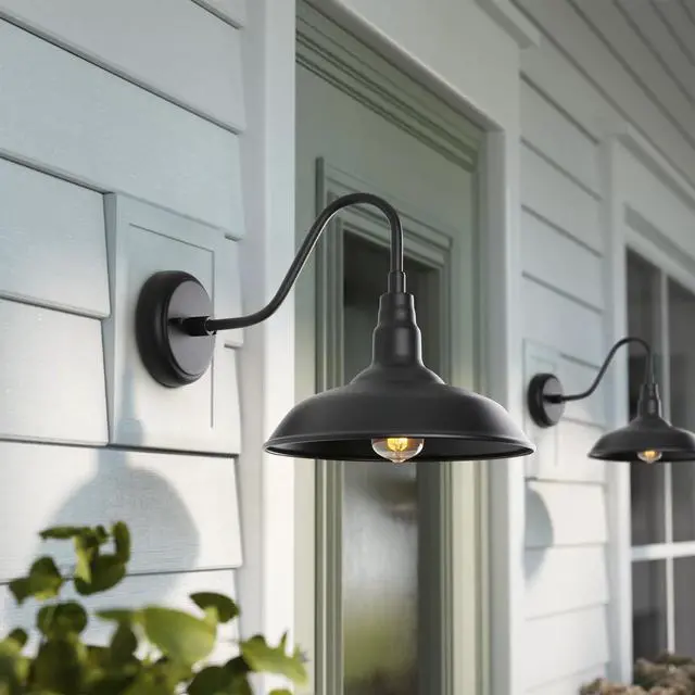 Alt view image 5 of 7 - Black Gooseneck Barn Light for Farmhouse 10 Inch Dome Exterior Lights Fixture with Wall Mount, Outdoor Wall Sconce for Garage Porch Patio