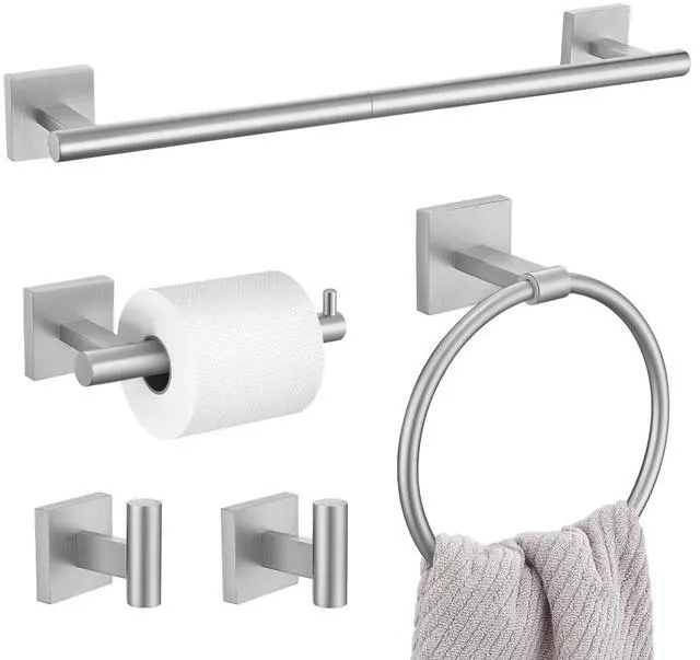 Main image of 5 Pieces Bathroom Hardware Set, Brushed Nickel Towel Bar Set Includes 23.6 Towel Bar, Towel Ring Holder, Toilet Paper Holder and Two Towel Hooks, Bathroom Accessories Set SUS304 Wall Mounted