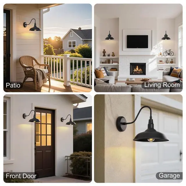 Alt view image 6 of 7 - Black Gooseneck Barn Light for Farmhouse 10 Inch Dome Exterior Lights Fixture with Wall Mount, Outdoor Wall Sconce for Garage Porch Patio