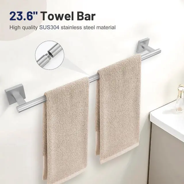 Alt view image 2 of 7 - 5 Pieces Bathroom Hardware Set, Brushed Nickel Towel Bar Set Includes 23.6 Towel Bar, Towel Ring Holder, Toilet Paper Holder and Two Towel Hooks, Bathroom Accessories Set SUS304 Wall Mounted