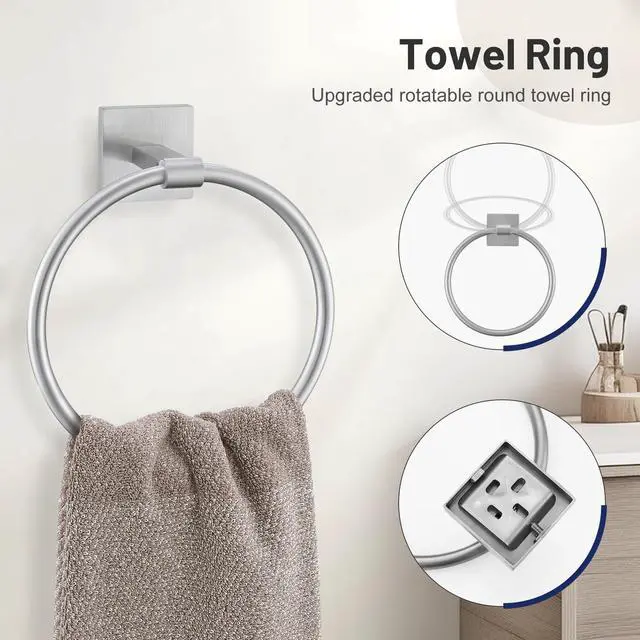Alt view image 4 of 7 - 5 Pieces Bathroom Hardware Set, Brushed Nickel Towel Bar Set Includes 23.6 Towel Bar, Towel Ring Holder, Toilet Paper Holder and Two Towel Hooks, Bathroom Accessories Set SUS304 Wall Mounted