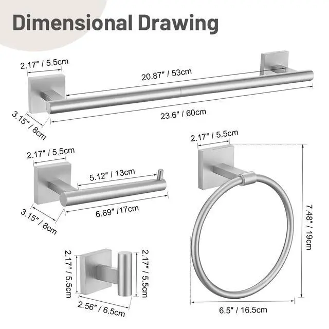 Alt view image 7 of 7 - 5 Pieces Bathroom Hardware Set, Brushed Nickel Towel Bar Set Includes 23.6 Towel Bar, Towel Ring Holder, Toilet Paper Holder and Two Towel Hooks, Bathroom Accessories Set SUS304 Wall Mounted