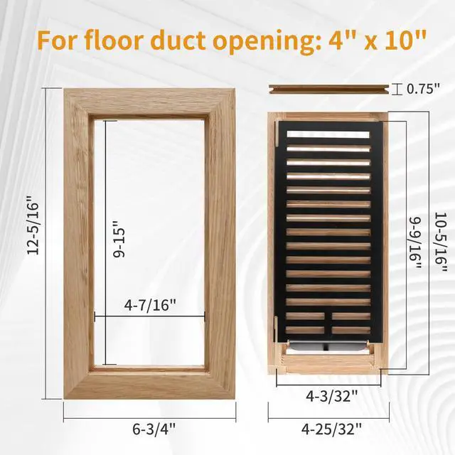 Alt view image 2 of 7 - Oak Floor Register for 4x10 Inch Duct Holes - Flush Mount Floor Vent with Metal Damper - White Wooden Vent Covers for Home Floor - 0.8 Inch Thickness - Unfinished - 2PCS