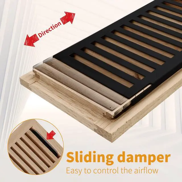 Alt view image 4 of 7 - Oak Floor Register for 4x10 Inch Duct Holes - Flush Mount Floor Vent with Metal Damper - White Wooden Vent Covers for Home Floor - 0.8 Inch Thickness - Unfinished - 2PCS