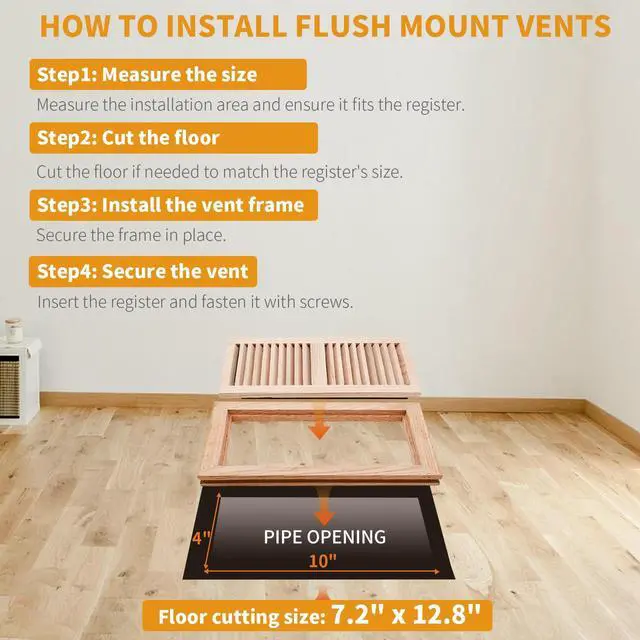 Alt view image 3 of 7 - Oak Floor Register for 4x10 Inch Duct Holes - Flush Mount Floor Vent with Metal Damper - White Wooden Vent Covers for Home Floor - 0.8 Inch Thickness - Unfinished - 2PCS