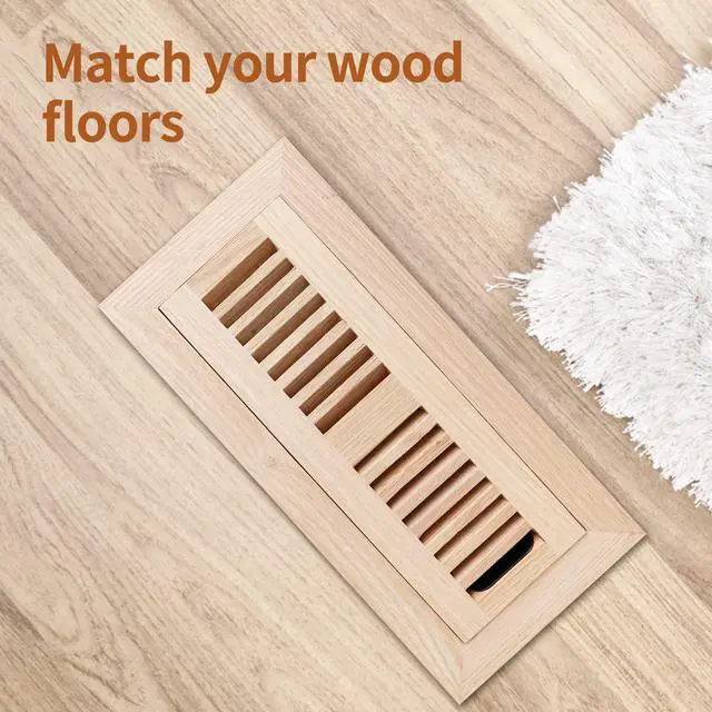 Alt view image 7 of 7 - Oak Floor Register for 4x10 Inch Duct Holes - Flush Mount Floor Vent with Metal Damper - White Wooden Vent Covers for Home Floor - 0.8 Inch Thickness - Unfinished - 2PCS