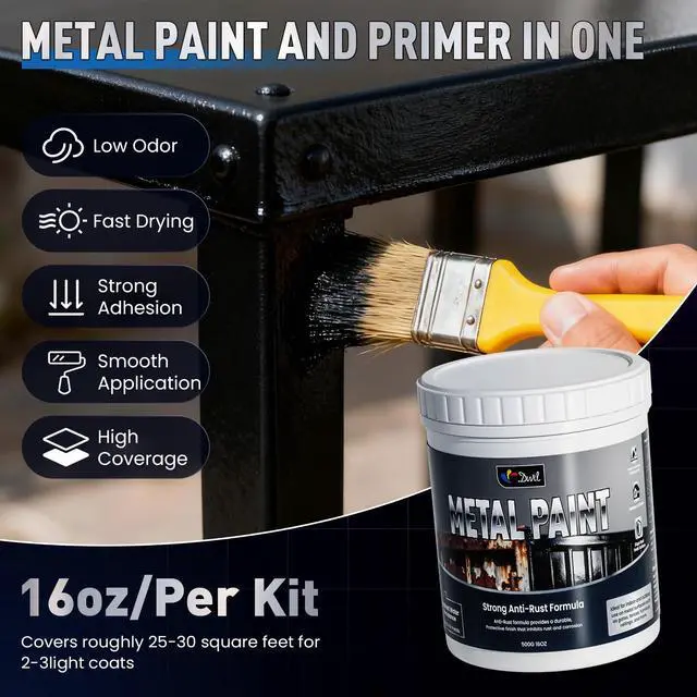 Alt view image 3 of 7 - Metal Paint - Waterpoof Anti Rust Preventative - Paint for Metal - Door/Outdoor - Direct to Gate, Furniture, Fence, Railing, Craft and More, 25-30sq.ft, 16oz (black, 16 Ounce)
