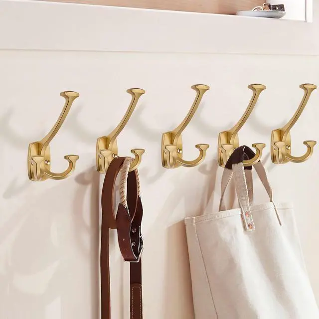 Alt view image 4 of 5 - Large Wall Double-Sided Hook 10 Pack Brushed Gold Hook Decorative Heavy Duty Solid Large Coat Hooks for Towel Hanging Coats Robe Triple Coat Hook Three Prong Hook
