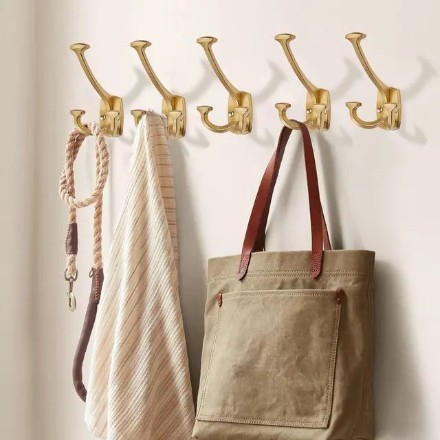 Alt view image 5 of 5 - Large Wall Double-Sided Hook 10 Pack Brushed Gold Hook Decorative Heavy Duty Solid Large Coat Hooks for Towel Hanging Coats Robe Triple Coat Hook Three Prong Hook