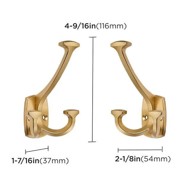 Alt view image 2 of 5 - Large Wall Double-Sided Hook 10 Pack Brushed Gold Hook Decorative Heavy Duty Solid Large Coat Hooks for Towel Hanging Coats Robe Triple Coat Hook Three Prong Hook