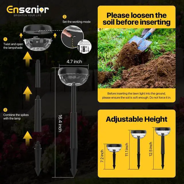 Alt view image 6 of 7 - Solar Pathway Lights Outdoor, 8-Pack Adjustable Height LED Lights Outdoor Waterproof IP65 for Garden Landscape, Auto On/Off Solar Powered Yard Lights for Walkway (Warm White)