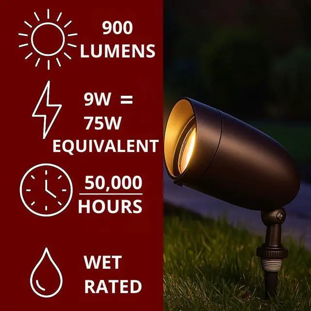 Alt view image 2 of 6 - 62-1205 Outdoor Landscape Spotlight, Waterproof LED Fixture, Yard Flood Light, 6.25-Inch Bronze, 3000K Warm White, 900 Lumens, 120V, Die-Cast Aluminum