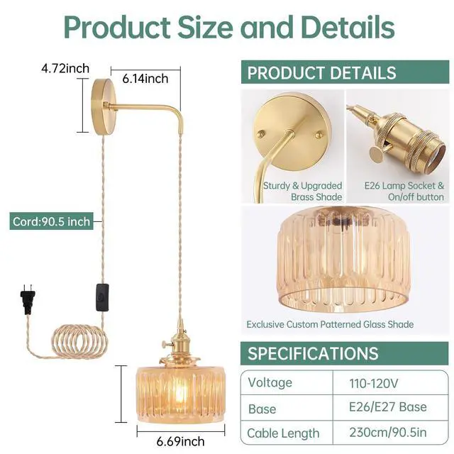Alt view image 3 of 7 - Vintage Wall Sconce Wall Lamp with Amber Striped Glass Shade Hanging Wall Sconce with 4.9FT Plug in Cord, Modern Wall Lamp Fixtures Decor for Bedside Bedroom Indoor Doorway