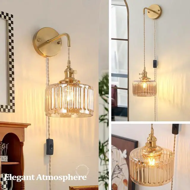 Alt view image 7 of 7 - Vintage Wall Sconce Wall Lamp with Amber Striped Glass Shade Hanging Wall Sconce with 4.9FT Plug in Cord, Modern Wall Lamp Fixtures Decor for Bedside Bedroom Indoor Doorway