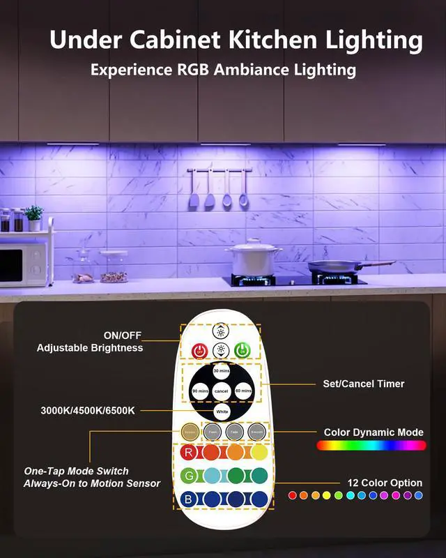 Alt view image 3 of 7 - 58-LED Motion Sensor Under Cabinet Lights Wireless, RGB Closet Light Night Lights Remote, Rechargeable Under Cabinet Lighting Counter Lights for Indoor Kitchen, Stair (6 Packs)